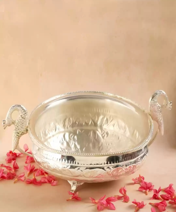 Silver Plated Peacock Handle Bowl with Velvet Box, Silver Urli, Urli for Pooja/puja Diwali, Decoration Items for Home, Office & Temples
