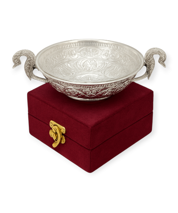 Silver Plated Peacock Handle Bowl with Velvet Box, Silver Urli, Urli for Pooja/puja Diwali, Decoration Items for Home, Office & Temples