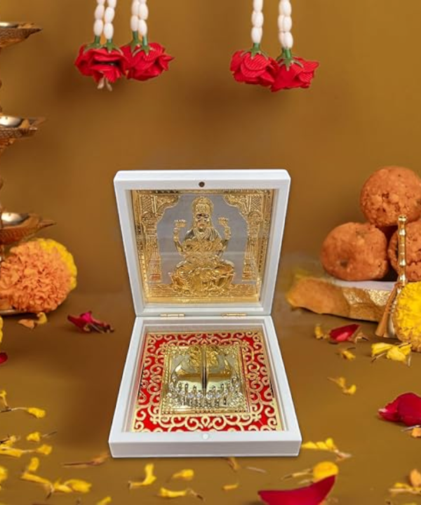 Lakshmi Ji Charan Paduka in Decorative Box, Charan Paduka with Lakshmi Idol for Pooja & Gifting