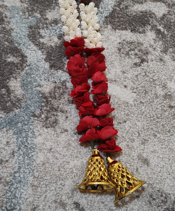 1 Pair Red & White Artificial Flower Latkan Pair with Golden Bells – Toran & Mandir Decoration