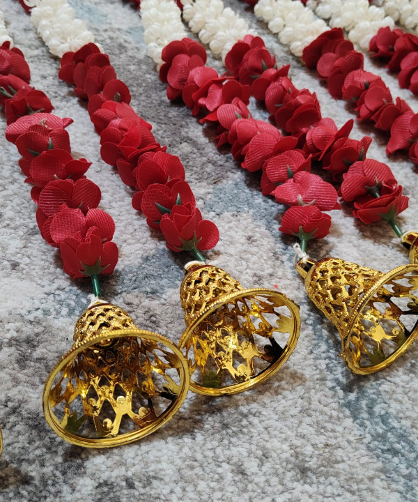1 Pair Red & White Artificial Flower Latkan Pair with Golden Bells – Toran & Mandir Decoration