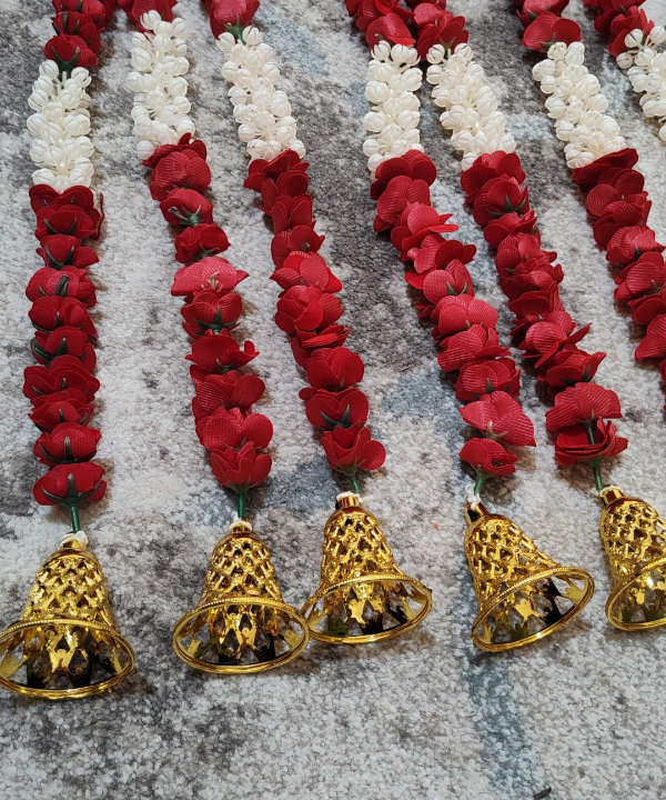 1 Pair Red & White Artificial Flower Latkan Pair with Golden Bells – Toran & Mandir Decoration