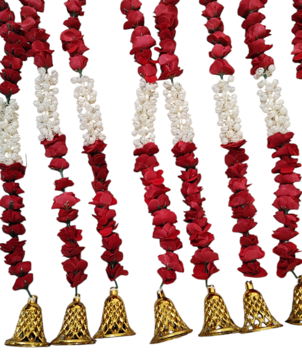 1 Pair Red & White Artificial Flower Latkan Pair with Golden Bells – Toran & Mandir Decoration