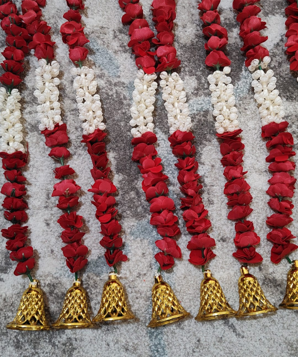 1 Pair Red & White Artificial Flower Latkan Pair with Golden Bells – Toran & Mandir Decoration