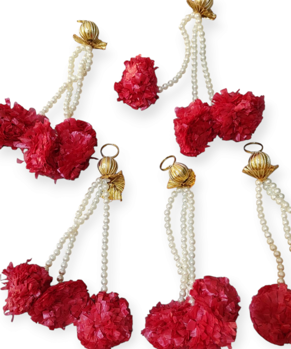 1 Pair Red Marigold Hanging with Pearls | Decorative Toran & Door Hanging for Festivals