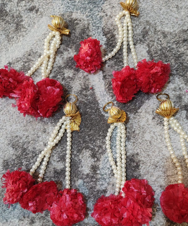 1 Pair Red Marigold Hanging with Pearls | Decorative Toran & Door Hanging for Festivals