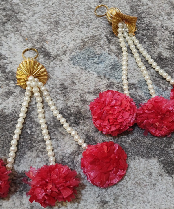 1 Pair Red Marigold Hanging with Pearls | Decorative Toran & Door Hanging for Festivals