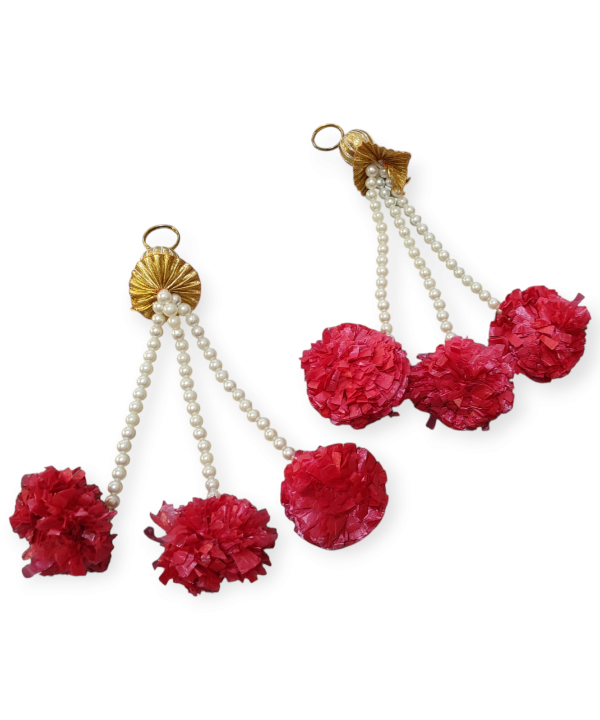 1 Pair Red Marigold Hanging with Pearls | Decorative Toran & Door Hanging for Festivals