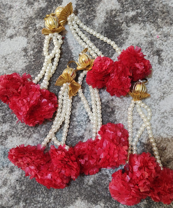 1 Pair Red Marigold Hanging with Pearls | Decorative Toran & Door Hanging for Festivals