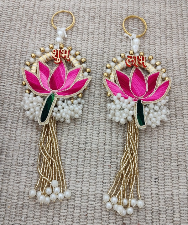 Shubh Labh Lotus Door Hanging Pair with Pearls & Beads – Auspicious Home Décor