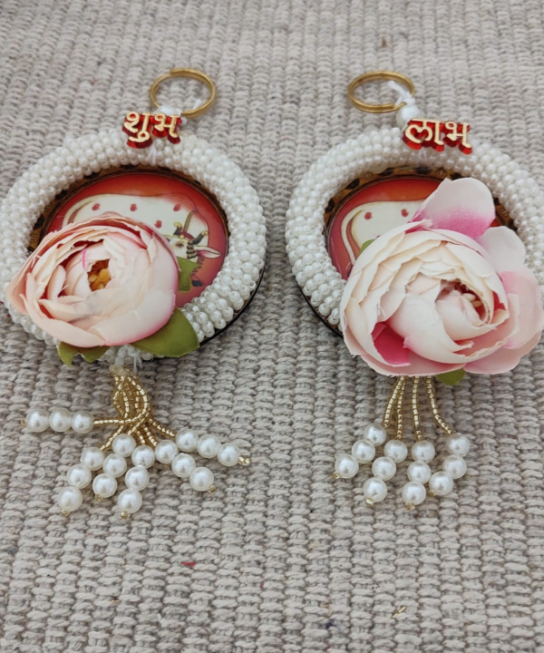 Shubh Labh Hanging with Kamdhenu Cow Design, Pearl Beads & Floral Accents