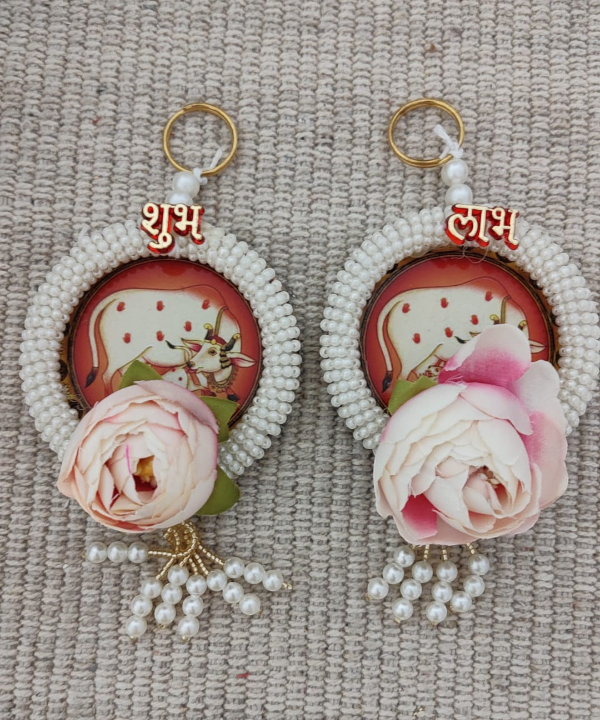 Shubh Labh Hanging with Kamdhenu Cow Design, Pearl Beads & Floral Accents