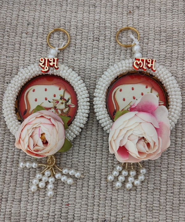 Shubh Labh Hanging with Kamdhenu Cow Design, Pearl Beads & Floral Accents