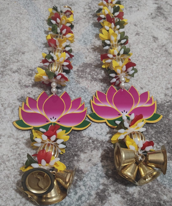 Lotus Flower Toran with Bells - Decorative Door Hanging for Mandir & Festivals