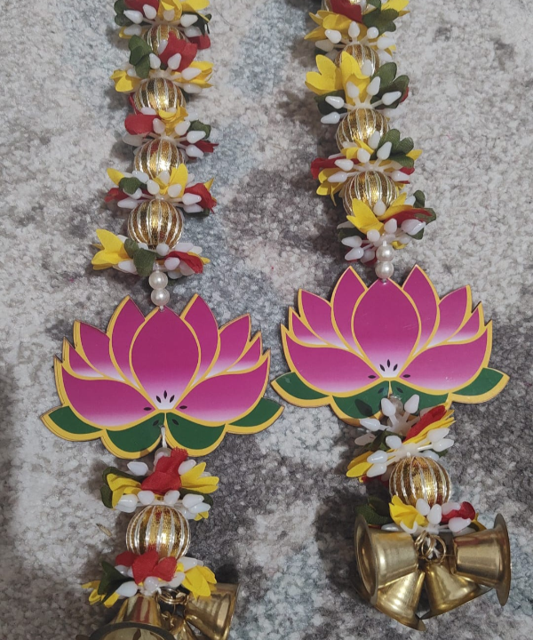 Lotus Flower Toran with Bells - Decorative Door Hanging for Mandir & Festivals
