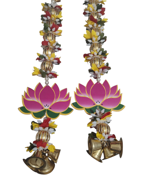 Lotus Flower Toran with Bells - Decorative Door Hanging for Mandir & Festivals