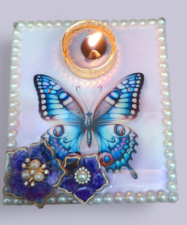 Butterfly Design Decorative Tealight Holder with Pearl Border