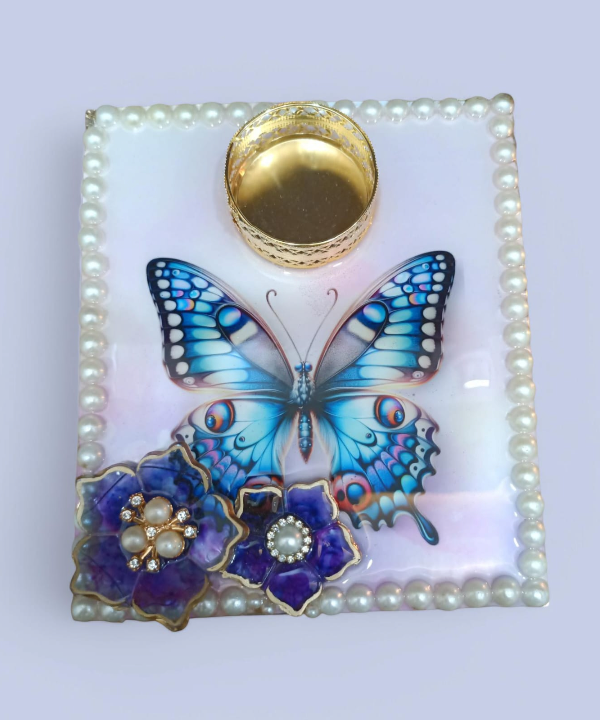 Butterfly Design Decorative Tealight Holder with Pearl Border
