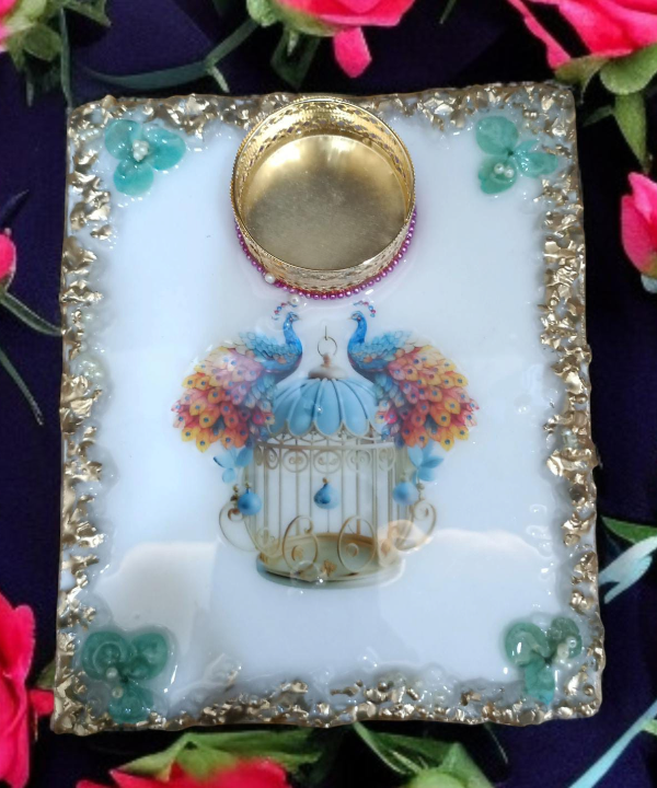 Peacock Design Decorative Tealight Holder with Golden Border