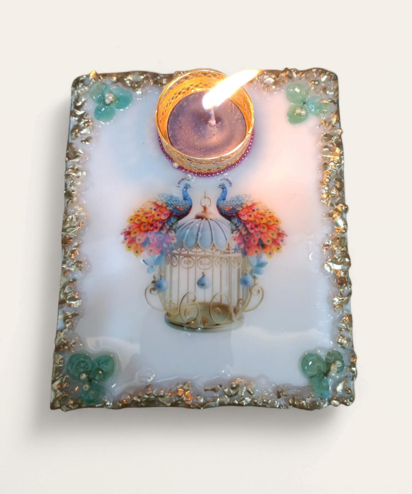 Peacock Design Decorative Tealight Holder with Golden Border