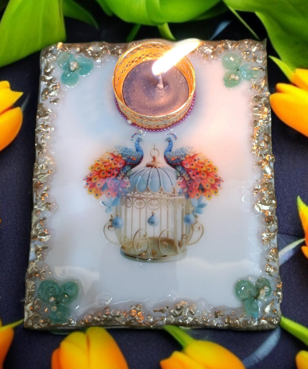 Peacock Design Decorative Tealight Holder with Golden Border