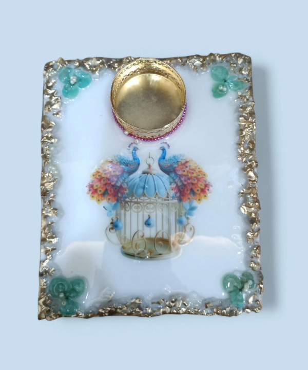 Peacock Design Decorative Tealight Holder with Golden Border