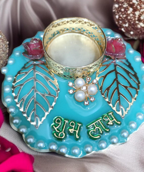 Shubh Labh Decorative Tealight Holder with Pearls & Floral Design