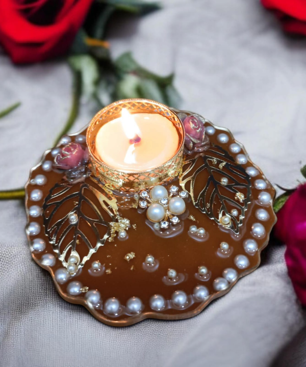 Shubh Labh Decorative Tealight Holder with Pearls & Floral Design