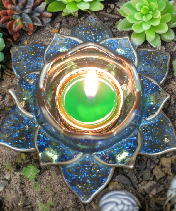 Blue Flower Golden Glow Acrylic Tealight Holder