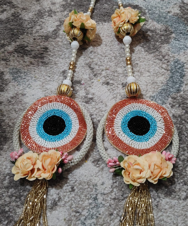1 Pair" Evil Eye Hanging String with Artificial Flowers & Beads – Decorative Door/Toran