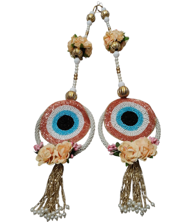 1 Pair" Evil Eye Hanging String with Artificial Flowers & Beads – Decorative Door/Toran