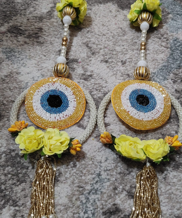 1 Pair" Evil Eye Hanging String with Artificial Flowers & Beads – Decorative Door/Toran