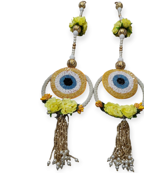 1 Pair" Evil Eye Hanging String with Artificial Flowers & Beads – Decorative Door/Toran