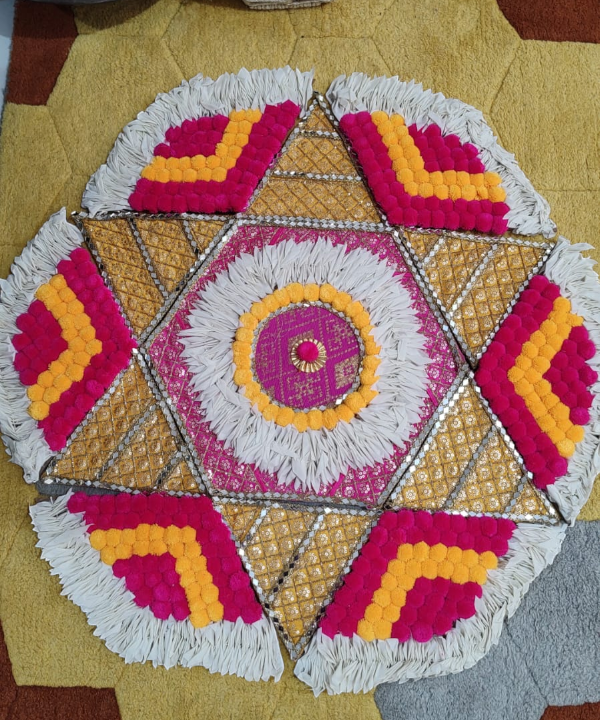 Traditional Handmade Rangoli Mat / Floor Decoration Set – Pom Pom & Golden Work