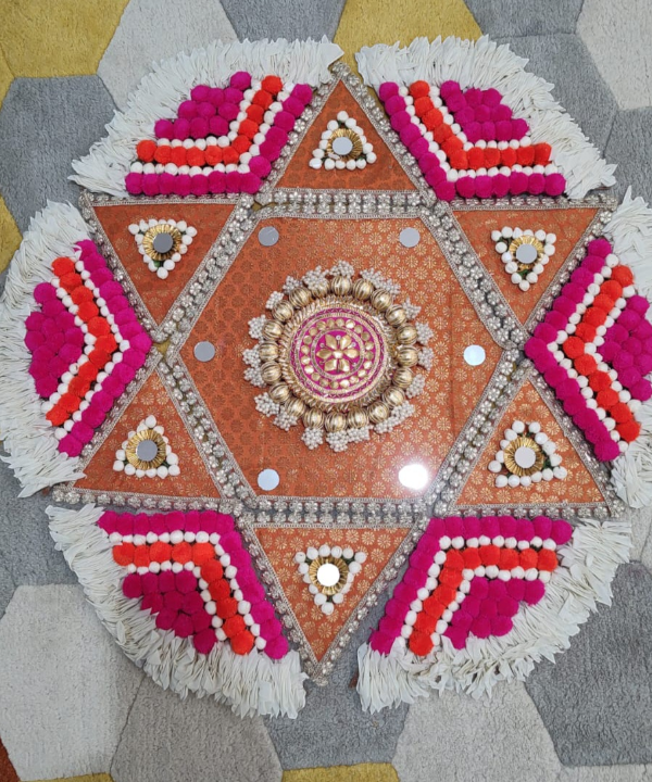 Traditional Handmade Rangoli Mat / Floor Decoration Set – Pom Pom & Golden Work