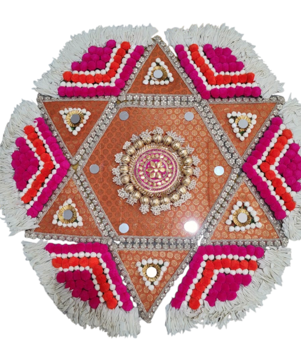 Traditional Handmade Rangoli Mat / Floor Decoration Set – Pom Pom & Golden Work