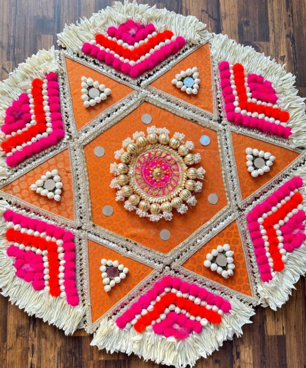 Traditional Handmade Rangoli Mat / Floor Decoration Set – Pom Pom & Golden Work