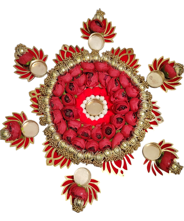 Floral Lotus and Peony Rangoli with Decorative Diyas – Artificial Flower & Lotus Tealight Holder Set