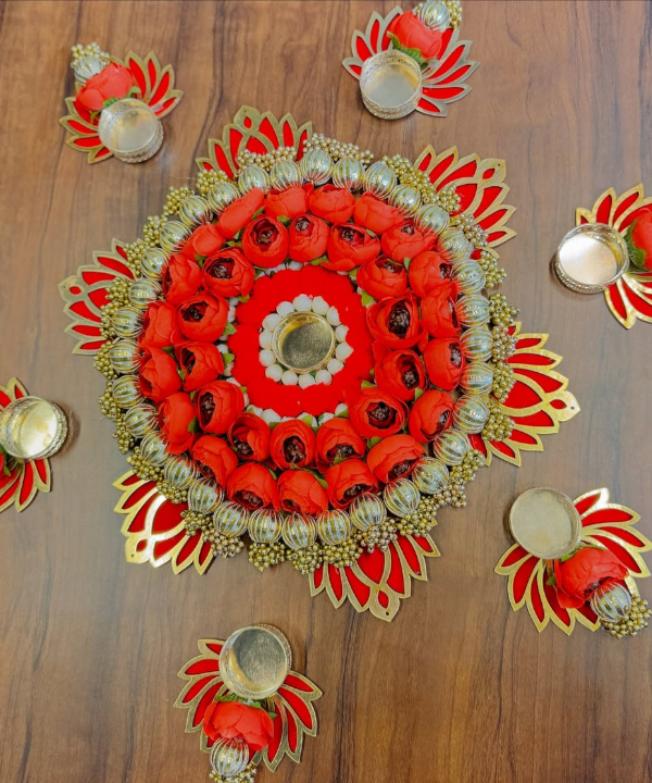 Floral Lotus and Peony Rangoli with Decorative Diyas – Artificial Flower & Lotus Tealight Holder Set