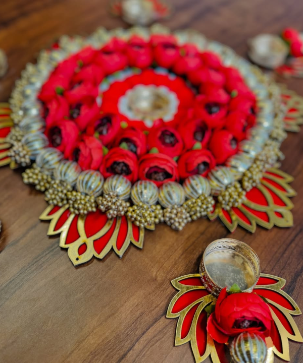 Floral Lotus and Peony Rangoli with Decorative Diyas – Artificial Flower & Lotus Tealight Holder Set