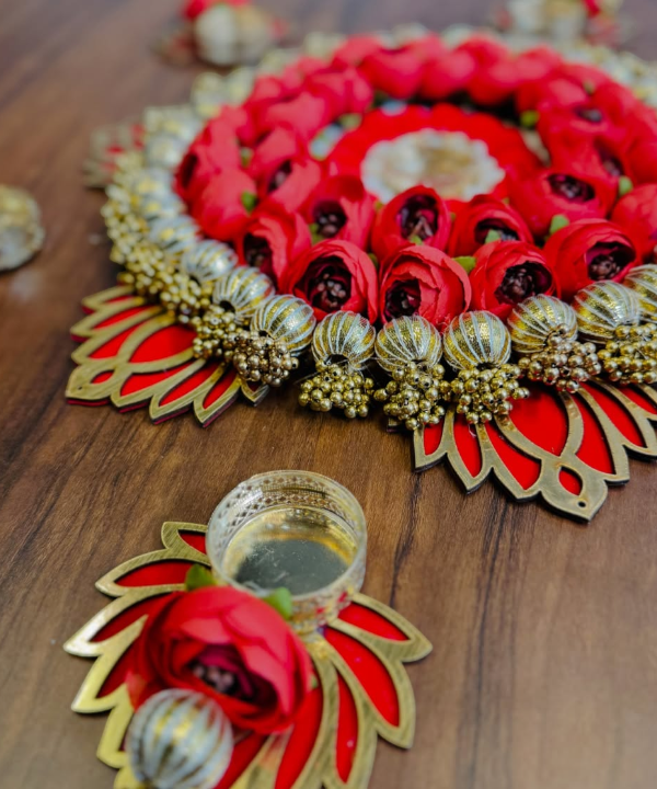 Floral Lotus and Peony Rangoli with Decorative Diyas – Artificial Flower & Lotus Tealight Holder Set