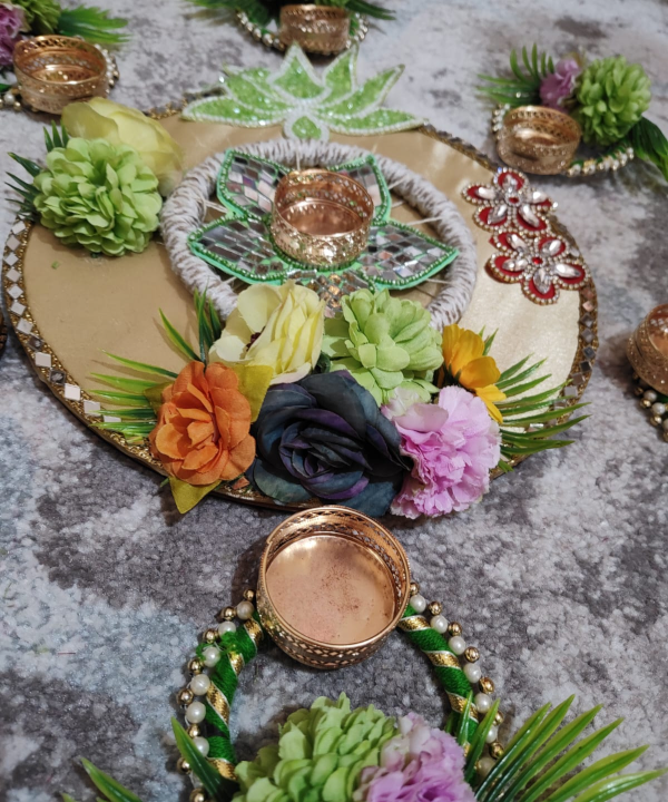 Floral Decorative Tea Light Holder Set with Rangoli Base – Festive Pooja & Home Décor