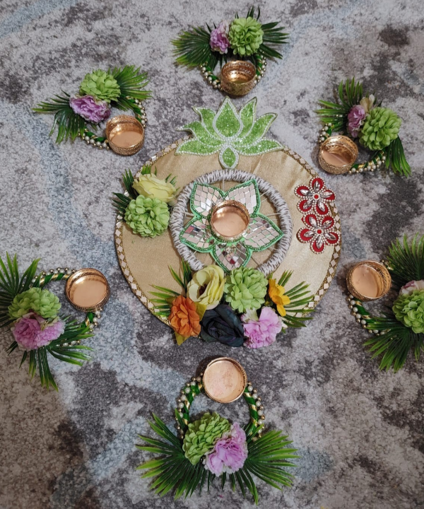 Floral Decorative Tea Light Holder Set with Rangoli Base – Festive Pooja & Home Décor