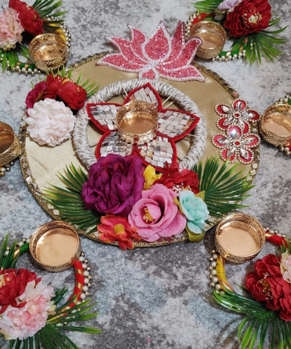 Floral Decorative Tea Light Holder Set with Rangoli Base – Festive Pooja & Home Décor
