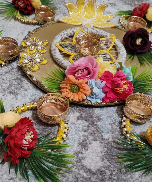 Floral Decorative Tea Light Holder Set with Rangoli Base – Festive Pooja & Home Décor