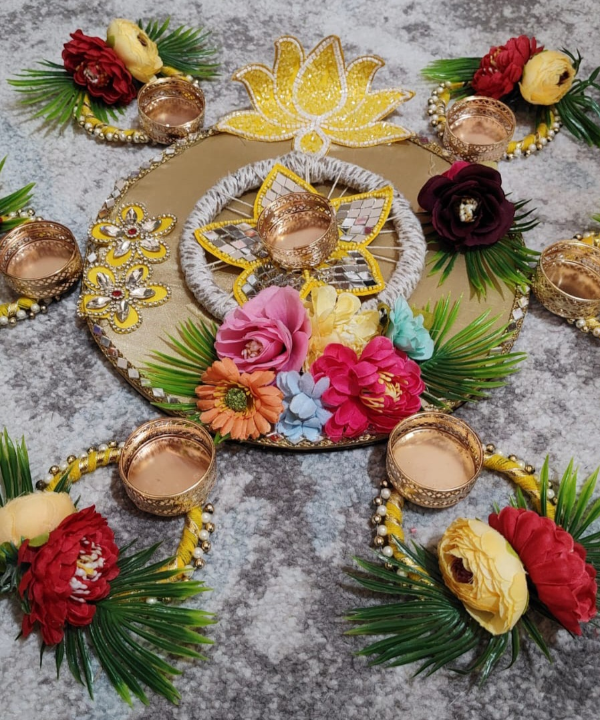 Floral Decorative Tea Light Holder Set with Rangoli Base – Festive Pooja & Home Décor