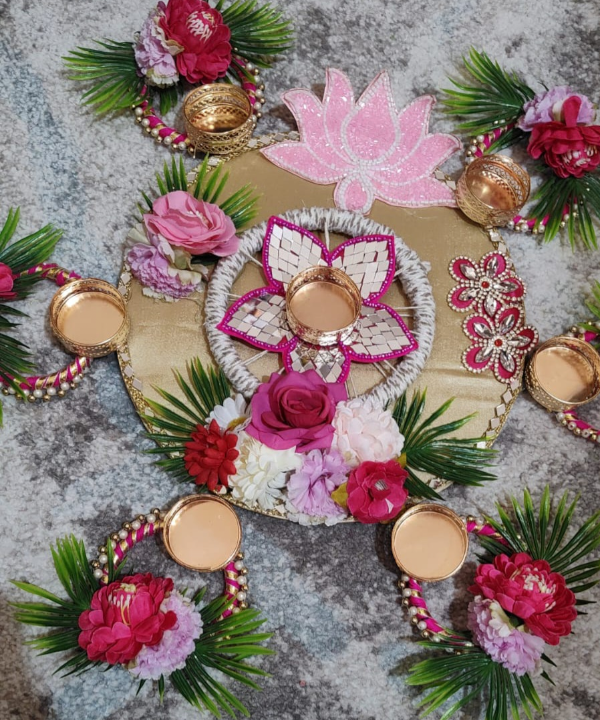 Floral Decorative Tea Light Holder Set with Rangoli Base – Festive Pooja & Home Décor