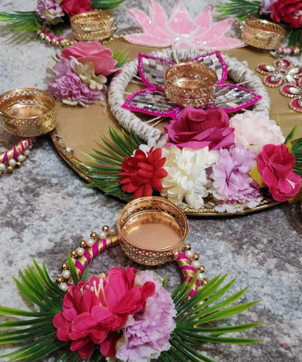 Floral Decorative Tea Light Holder Set with Rangoli Base – Festive Pooja & Home Décor