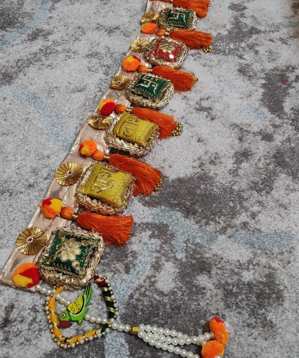1Pc Traditional Shubh Labh Toran with Embroidered Cushions, Tassels & Parrot Charm