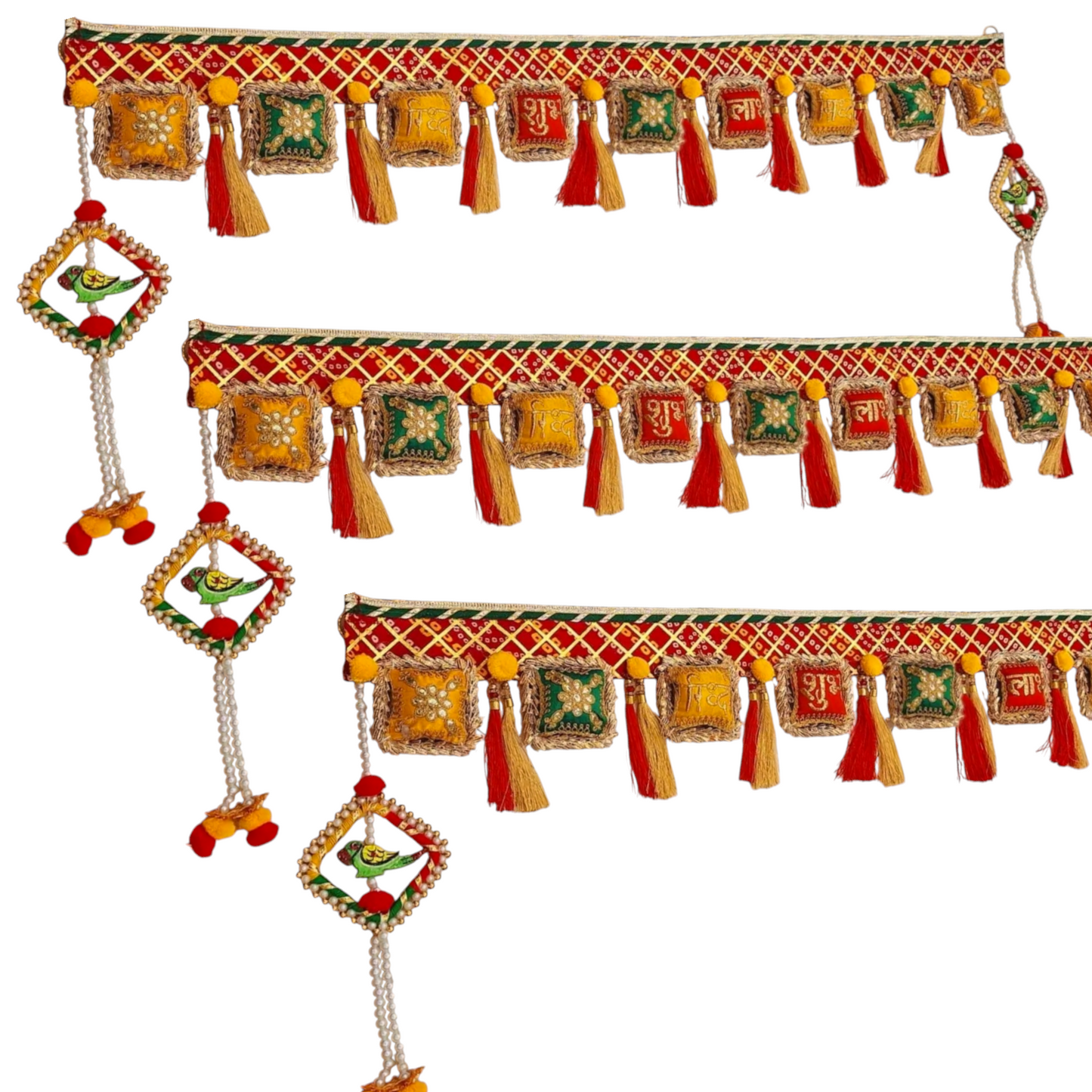 1Pc Traditional Shubh Labh Toran with Embroidered Cushions, Tassels & Parrot Charm
